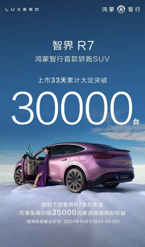 特斯拉Model Y迎來(lái)最強(qiáng)對(duì)手！智界R7上市33天大定超3萬(wàn)臺(tái)