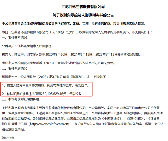 四環(huán)生物實(shí)控人陸克平犯內(nèi)幕交易罪，被判處有期徒刑三年緩刑四年、沒(méi)收違法所得2.32億元