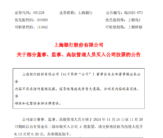 上海銀行：部分董監(jiān)高以自有資金買入公司股票 合計(jì)29.2萬(wàn)股