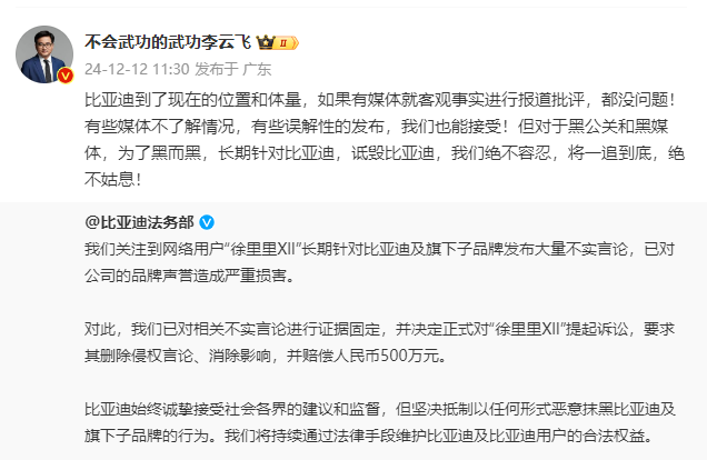 索賠500萬元！比亞迪法務(wù)部起訴博主“徐里里XlI”