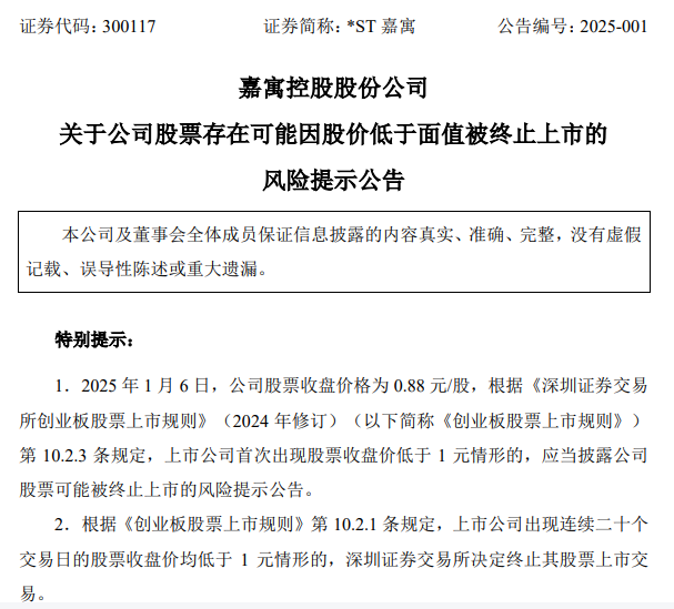 *ST嘉寓提示存在“面值退”風險，收盤價首次低于1元/股