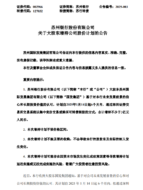 蘇州銀行：大股東國發(fā)集團計劃增持不少于3億元公司股份