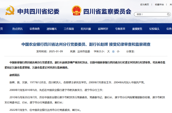 農(nóng)業(yè)銀行四川省達(dá)州分行黨委委員、副行長(zhǎng)趙輝被查