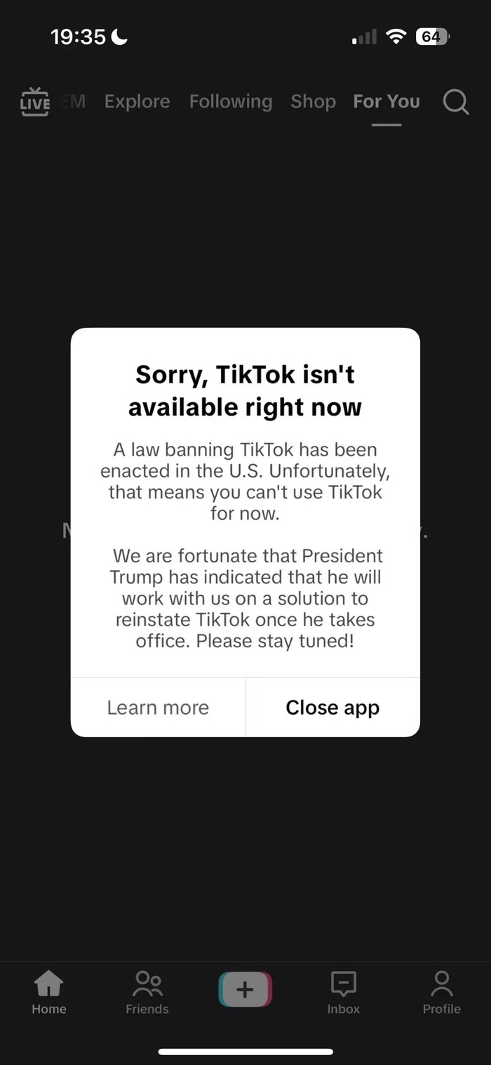 TikTok停止在美服務(wù)，稱特朗普表示上任后將共同尋求恢復(fù)其使用