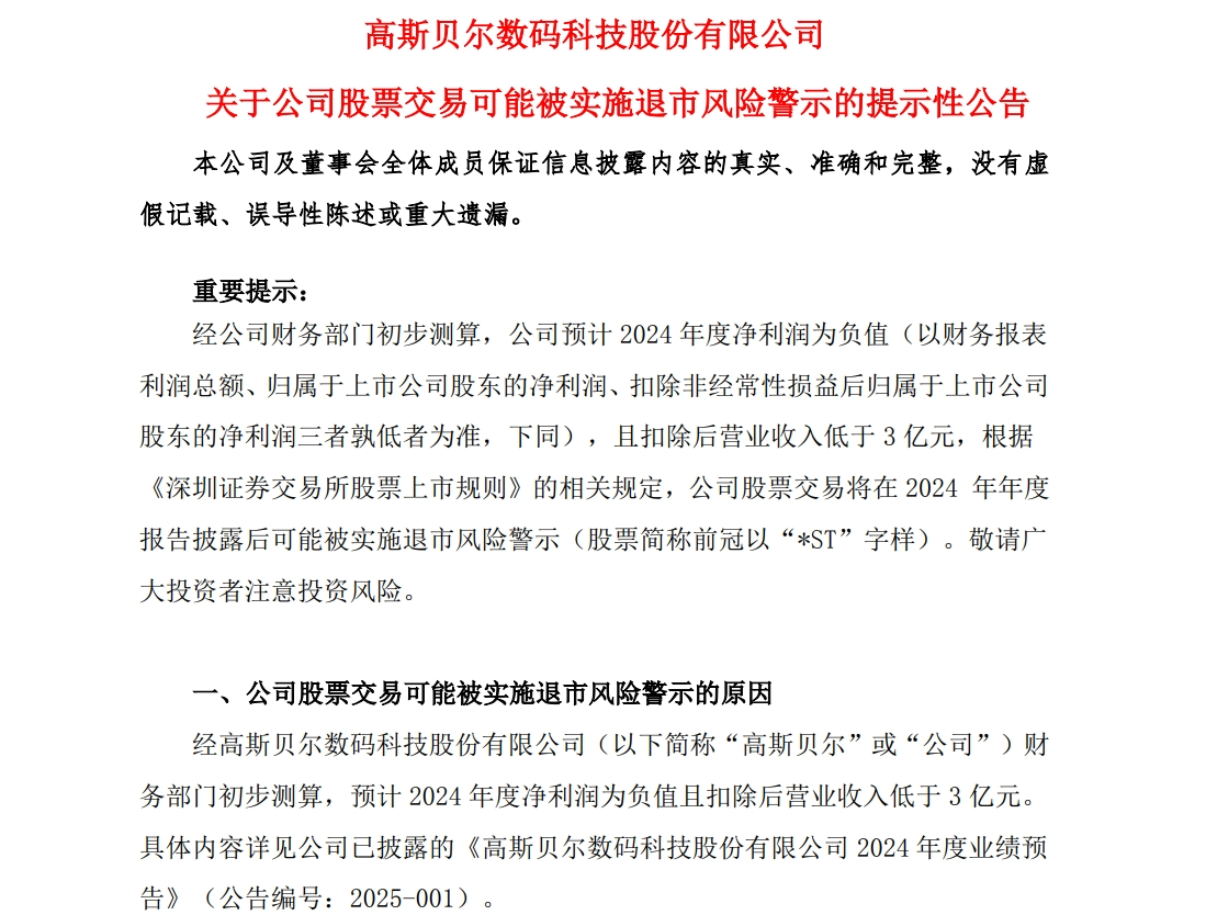 A股公司高斯貝爾公告：可能被*ST！發(fā)生了什么？