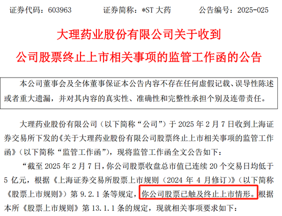 *ST大藥觸及交易類強(qiáng)制退市指標(biāo)，自2月10日起停牌