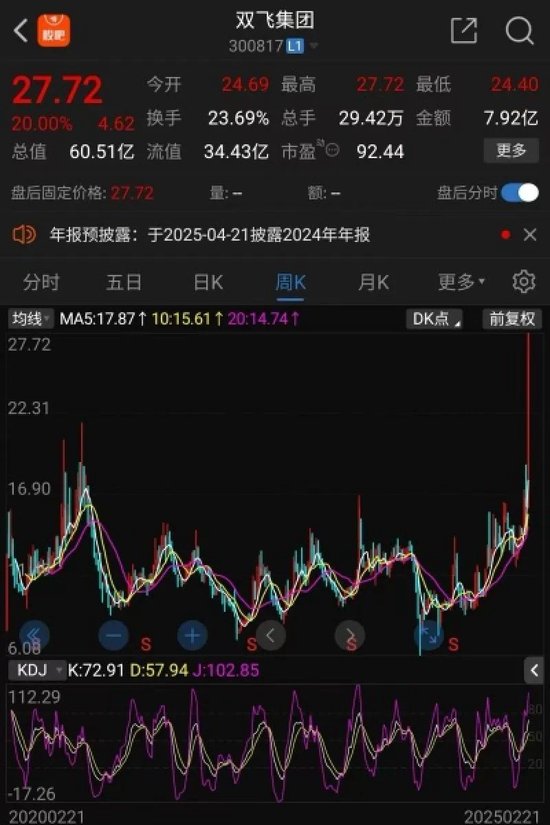 連續(xù)兩個“20cm漲?！保‰p飛集團股價創(chuàng)歷史新高，1.35萬股民嗨了
