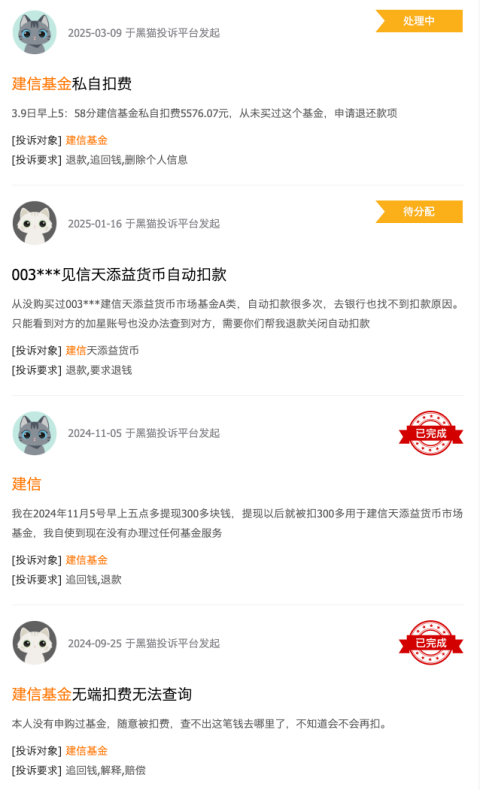 315在行動(dòng) | 建信基金收到8起投訴，投訴內(nèi)容主要為無故扣費(fèi)且查不出明細(xì)