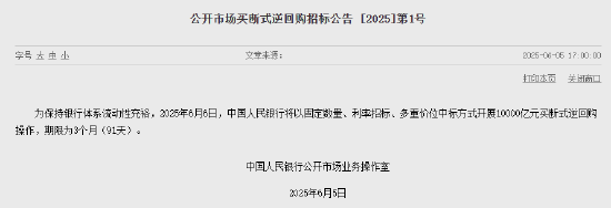 央行：6月6日將開(kāi)展10000億元買(mǎi)斷式逆回購(gòu)操作
